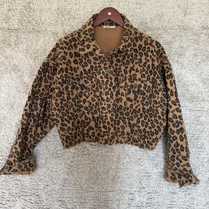 Main Strip Denim Jacket Women's Small Brown‎ Cropped Button Animal Print